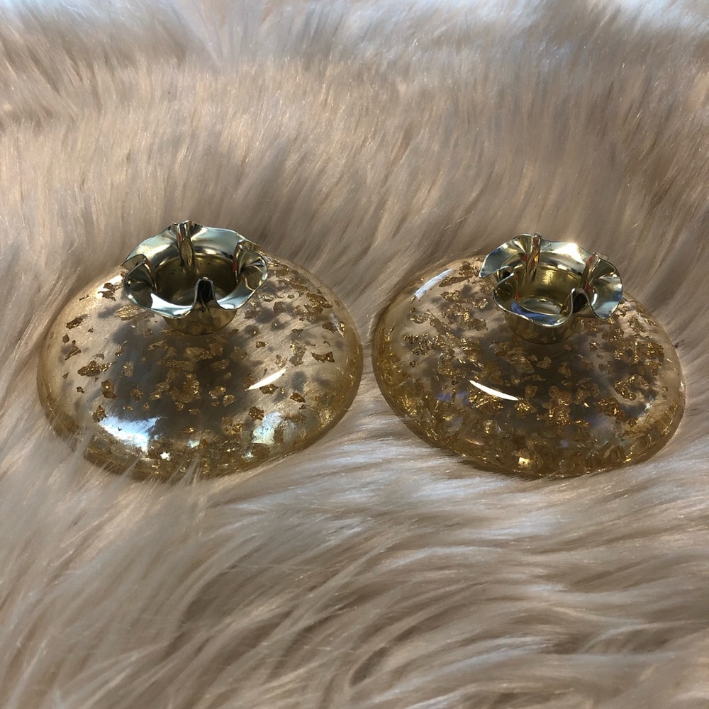 Vintage mid century lucite gold flecked candle holder pair